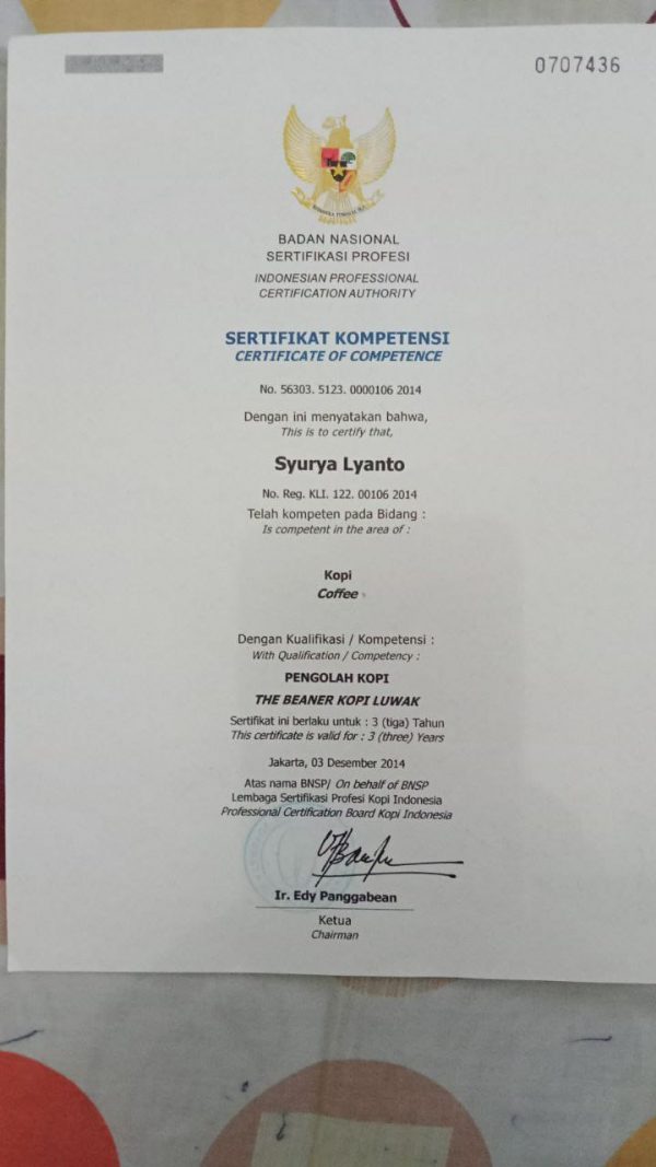 Our coffee farmers' certificate to process wild civet coffee from the Indonesian government